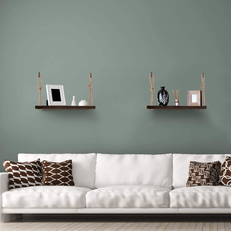Yankario Rope Hanging Floating Shelves, Rustic Wood Wall Decor Swing Shelf with 4 Hooks, Pack of 2 - Image 4